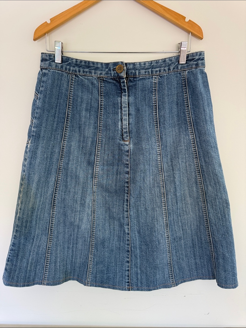 Option Elle Classic Blue Denim A-Line Skirt with Back Embroidery